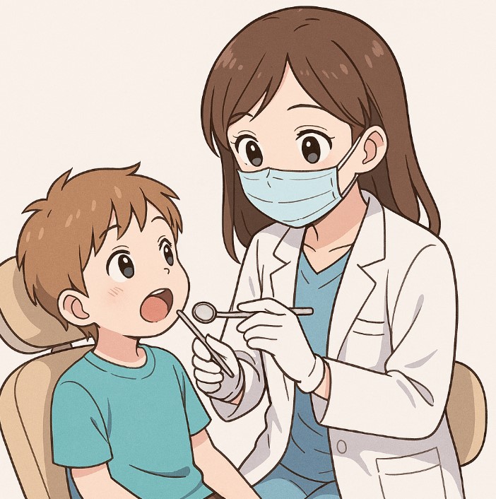 Ankara'da çocuk diş doktoru muayenesini anlatan anime tarzı kadın diş hekimi çizimi