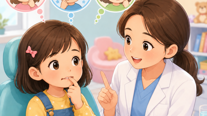 Pediatric dentist talks with a girl in a dental chair; thought bubbles show her worries, curiosity, and smiles in a bright clinic.