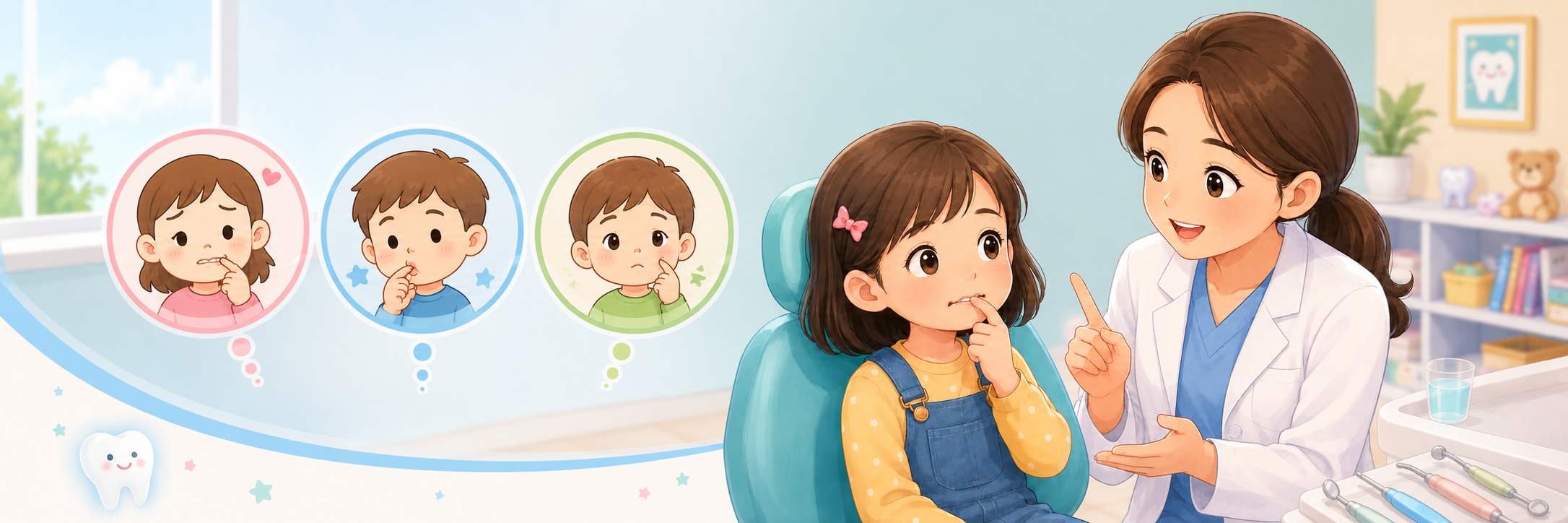 Çocuklarda Dudak Emme, Dudak Isırma ve Yanak Isırma sorunu | Ankara Çocuk Diş Kliniği Pediatric dentist explains dental habits to a young girl in a dental chair while three children appear in thought bubbles showing finger-in-mouth habits, illustrating oral-habit education.