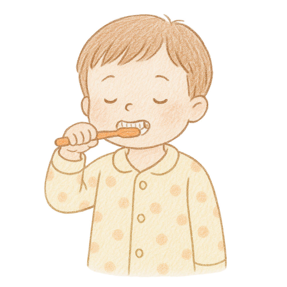 Pijamalı küçük çocuk diş fırçalarken çizilmiş pastel tonlarda el çizimi illüstrasyon.