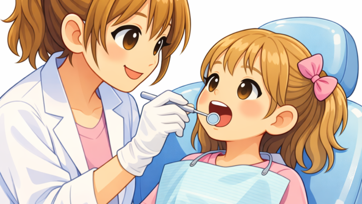 Dentist in a white coat and gloves examining a smiling young girl in a dental chair with a bib, using a dental tool to check her teeth