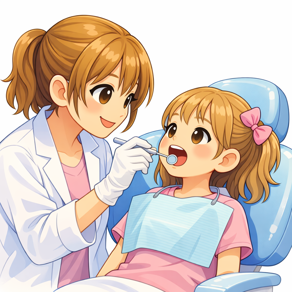 Dentist in a white coat and gloves examining a smiling young girl in a dental chair with a bib, using a dental tool to check her teeth
