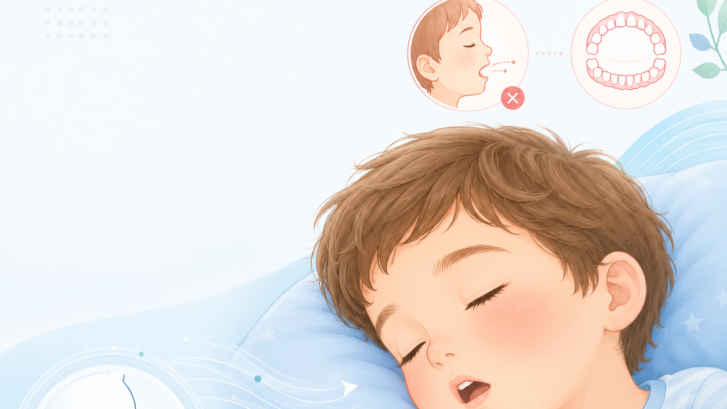 Sleeping boy with side diagrams comparing nose breathing (green check) to mouth breathing (red cross) and dental arches at the top right.