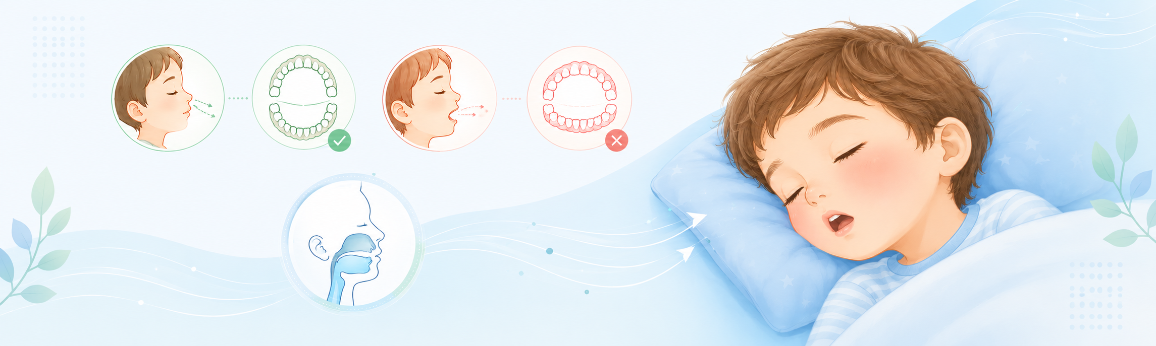 çocuklarda ağzı açık uyumanın dişlere etkisi | Ankara Çocuk Diş Kliniği Illustration guiding sleep-time oral posture with a sleeping child and a row of diagrams showing correct vs. incorrect teeth alignment and mouth position.
