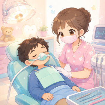 çocuklarda sedasyon ile diş tedavisi Pediatric dental visit: a dentist in a pink uniform and mask tends to a child resting in a dental chair with tools nearby