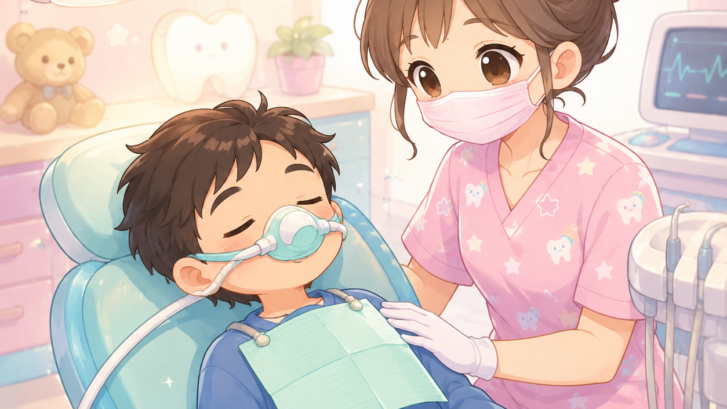 Pediatric dental visit: a dentist in a pink uniform and mask tends to a child resting in a dental chair with tools nearby