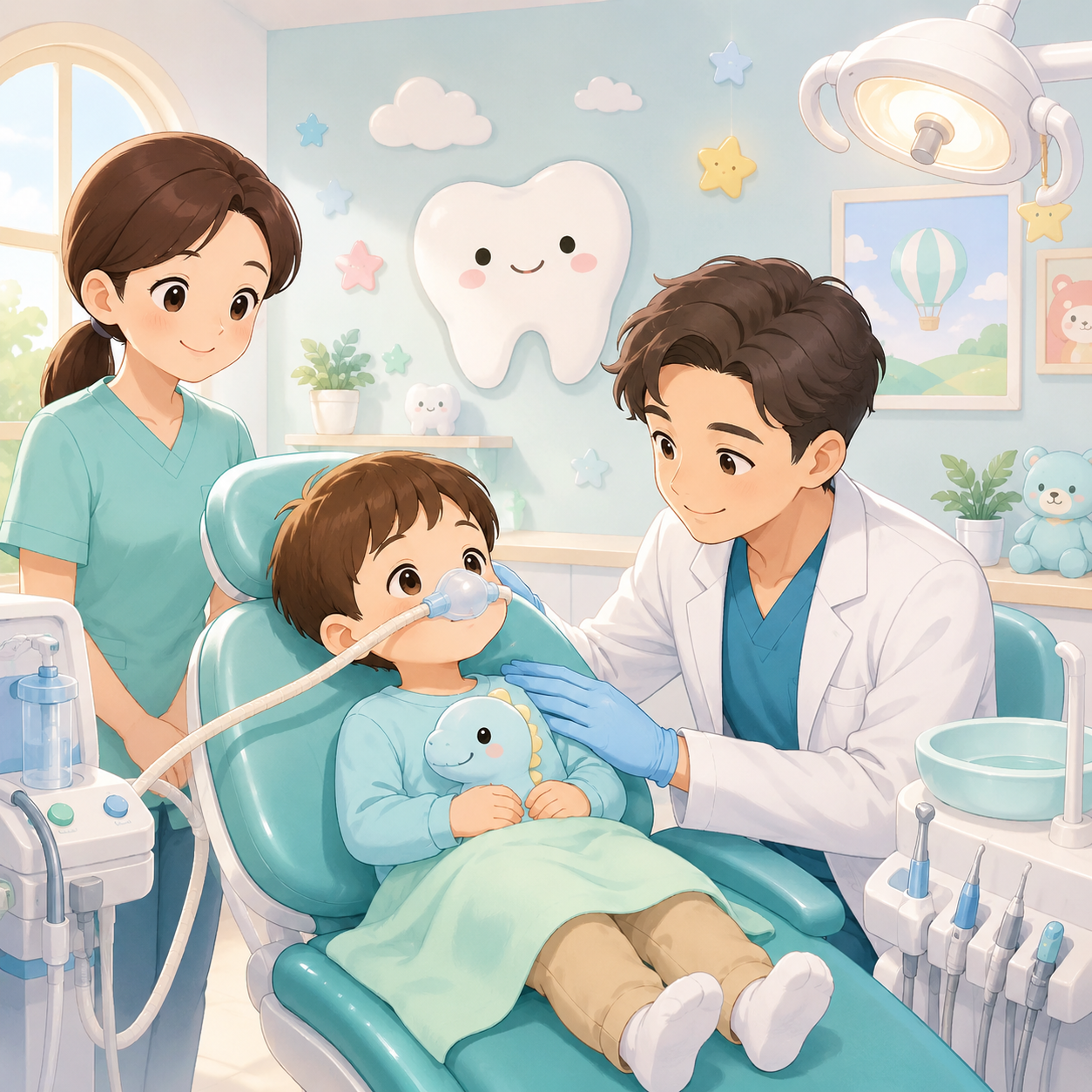 Young patient in a teal dental chair wears a breathing mask while a dentist and nurse assist in a bright, child-friendly clinic with tooth decor on the wall.