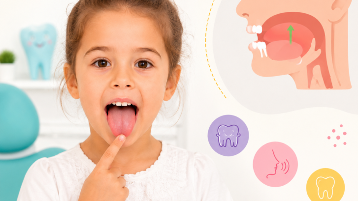 Young girl sticking out her tongue beside a colorful dental health illustration with an inner-mouth diagram.