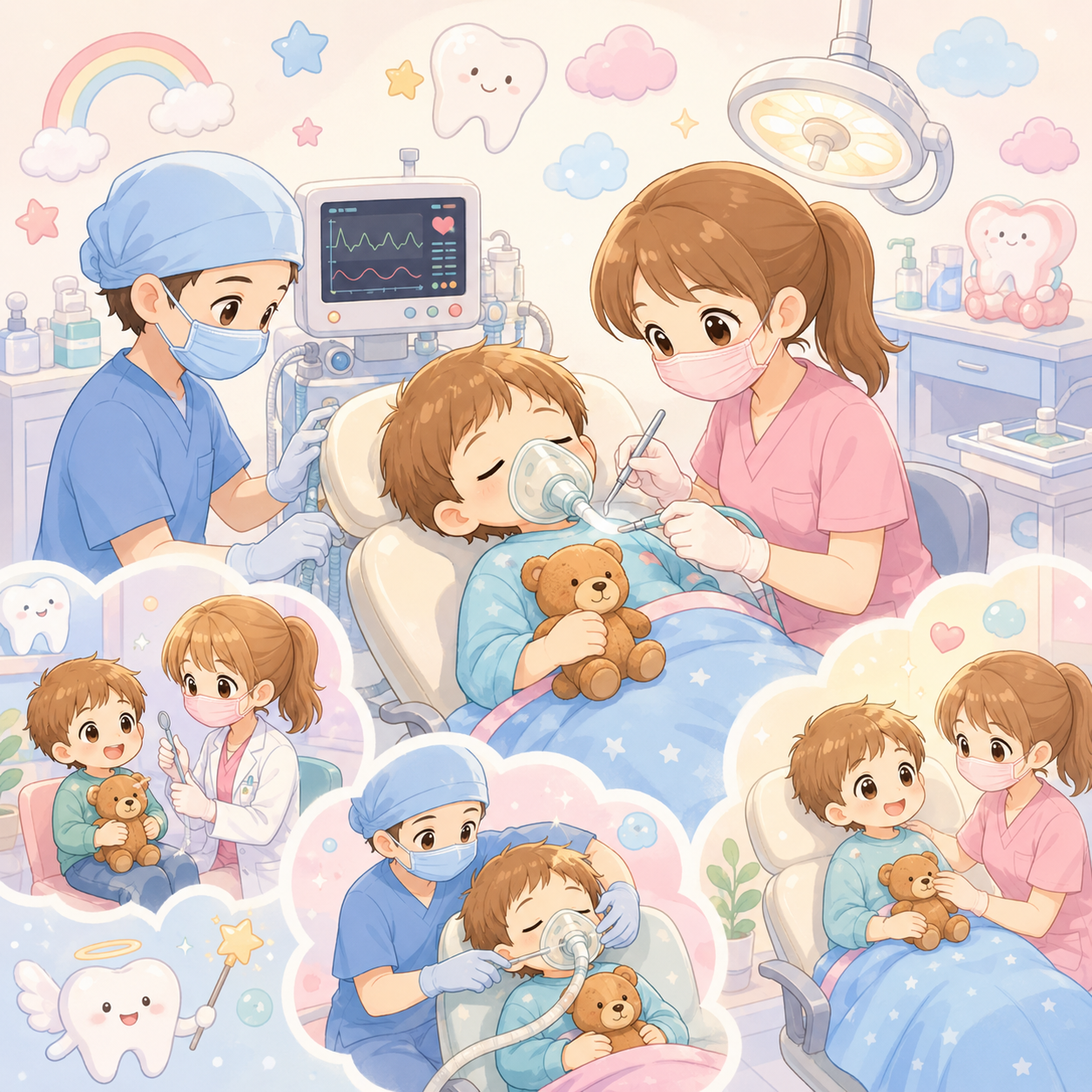 genel anestezi süreci | Ankara Çocuk Diş Kliniği Young child in a dental chair wearing an oxygen mask, teddy bear by their side, with a nurse and monitor nearby.