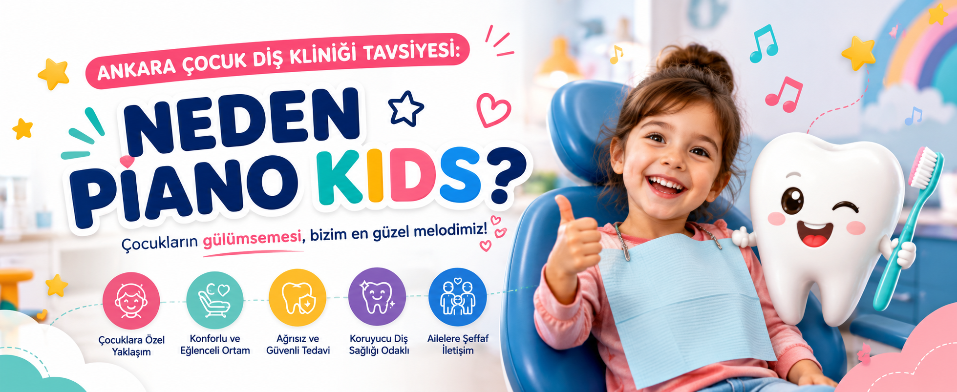 çocuk diş kliniği | Ankara Çocuk Diş Kliniği Renkli çocuk diş kliniği afişi: gülen kız çocuk diş hekimi koltuğunda, büyük 'NEDEN PİANO KIDS?' yazısı ve diş figürleriyle tanıtım.