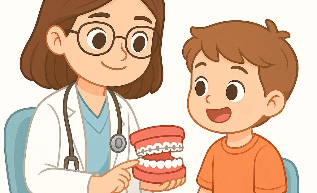 Ortodonti muayenesi konseptini gösteren anime tarzı çocuk diş hekimi çizimi. Çocuklarda diş teli ve çene gelişimini temsil eden klinik görsel.