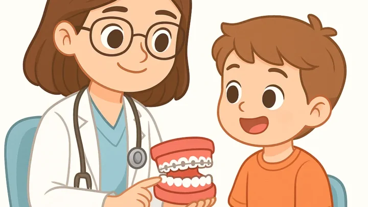 Ortodonti muayenesi konseptini gösteren anime tarzı çocuk diş hekimi çizimi. Çocuklarda diş teli ve çene gelişimini temsil eden klinik görsel.