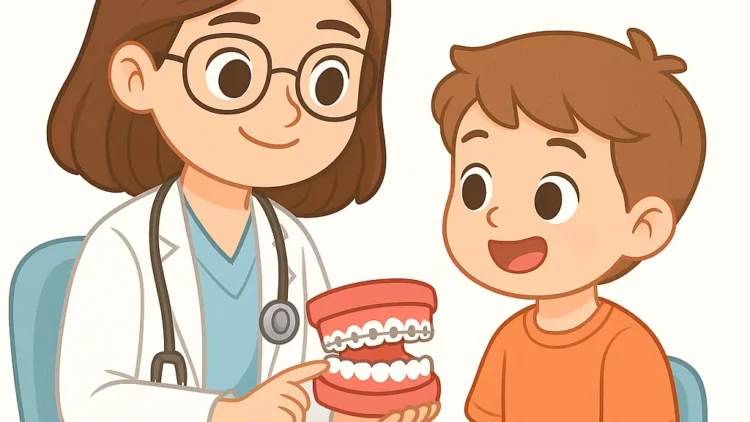 Ortodonti muayenesi konseptini gösteren anime tarzı çocuk diş hekimi çizimi. Çocuklarda diş teli ve çene gelişimini temsil eden klinik görsel.