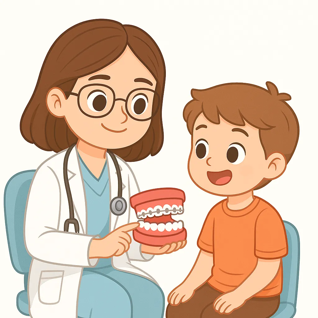 Ortodonti muayenesi konseptini gösteren anime tarzı çocuk diş hekimi çizimi. Çocuklarda diş teli ve çene gelişimini temsil eden klinik görsel.