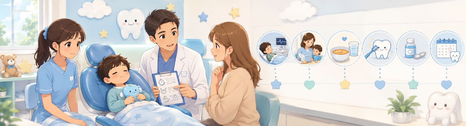 Friendly pediatric dentist explains a treatment plan to a mother and child in a bright clinic.